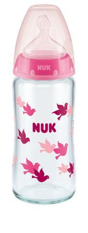 NUK First Choice Plus 0-6m  , Γυάλινο Μπιμπερό σε Διάφορα Χρώματα , με Δείκτη Ελέγχου Θερμοκρασίας & Μεσαίας Οπής Θηλή Σιλικόνης 240ml