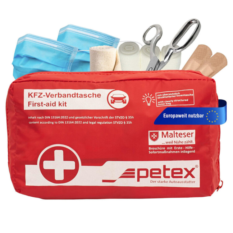 Petex Φαρμακείο Πρώτων Βοηθειών Αυτοκινήτου με πιστοποίηση DIN 13164:2022  ,Τσαντάκι με Εξοπλισμό 1 TEM